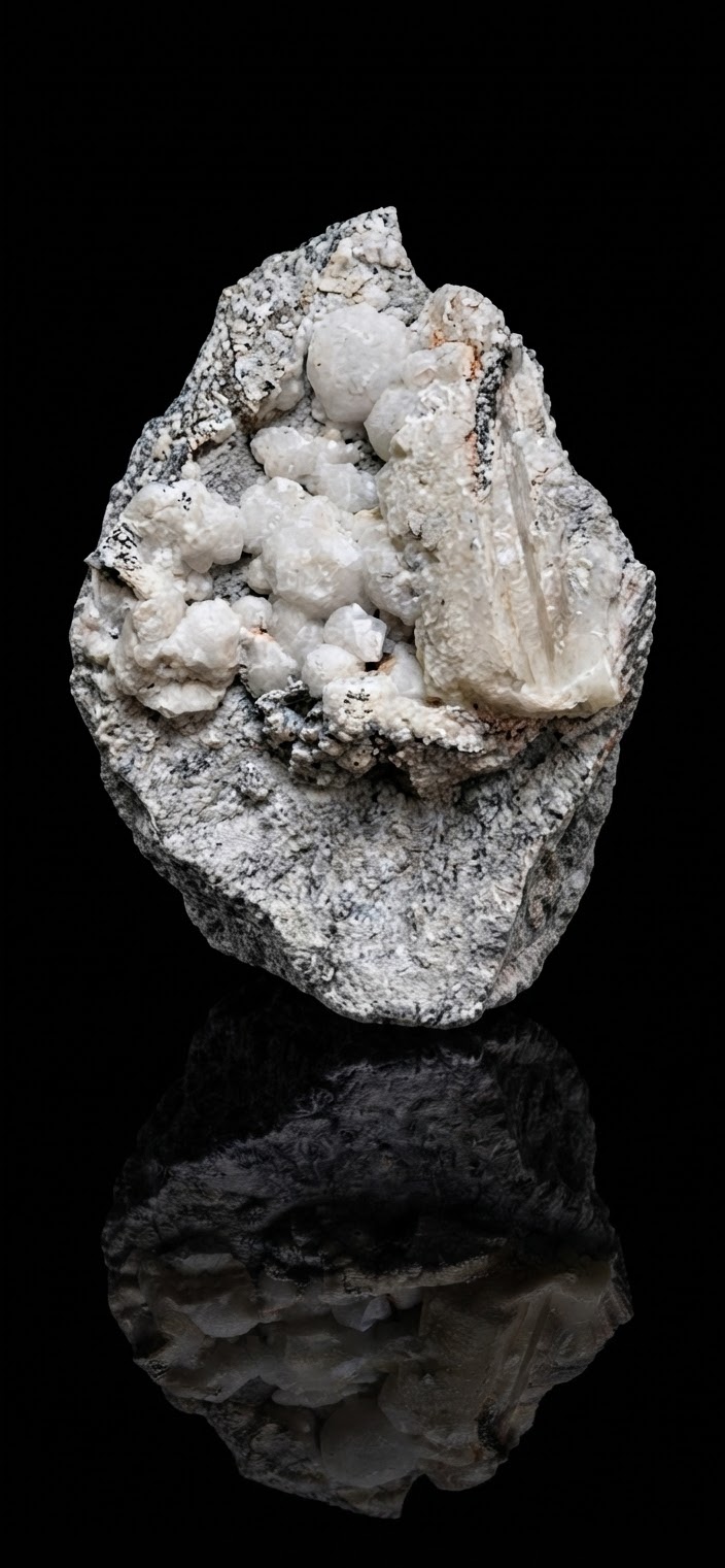 Analcime de Epy, Moutier d'Ahun, Creuse (23), Nouvelle-Aquitaine, France — associé à Calcite — 15x9x6 — 425 — NaAlSi₂O₆·H₂O, Silicates (tectosilicates), système cubique, incolore, blanc, rosé, gris, dureté 5 à 5, Carrière